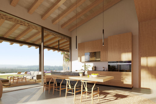 Modern kitchen with cooking island and dining area