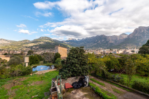 View over the plot, Soller and the mountains