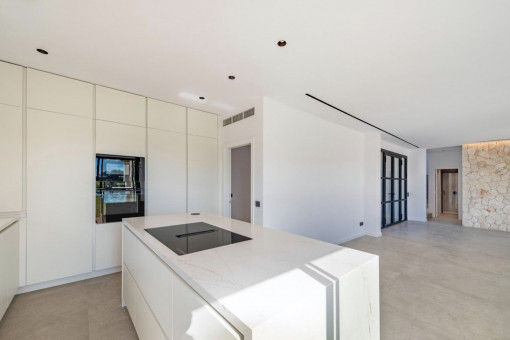 Kitchen with views of the storage room on the left and the entrance door on the right