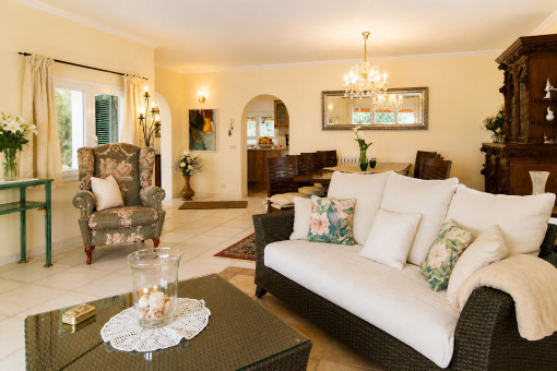 Living and dining area with fireplace