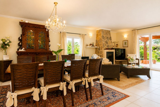 Living and dining area with fireplace