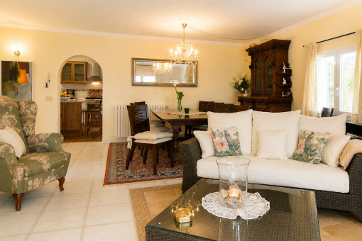 Living and dining area with fireplace