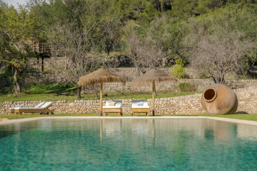 Sun terrace with saltwater pool and comfortable loungers in a Mediterranean setting