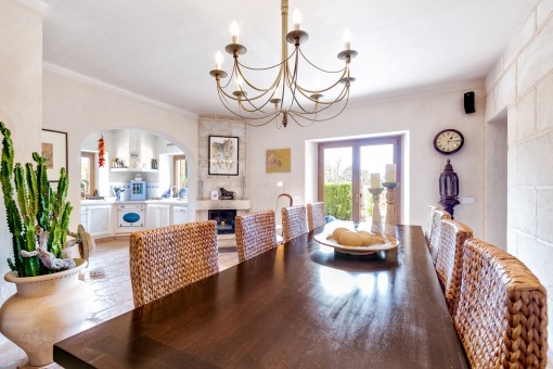 Open dining area with fireplace