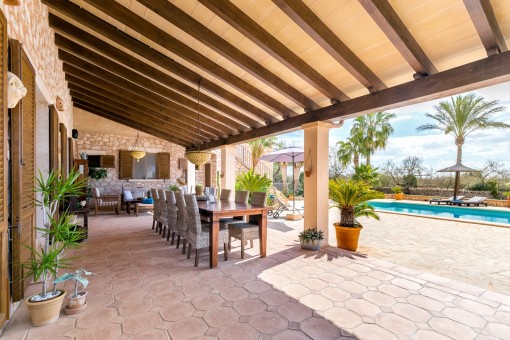 Large covered terrace and pool area