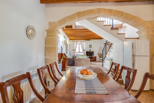 The mallorcan finca has high ceilings and a standstone arch