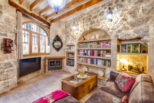 Spacious living area with wooden beams
