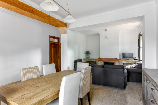 Living and dining area with fireplace