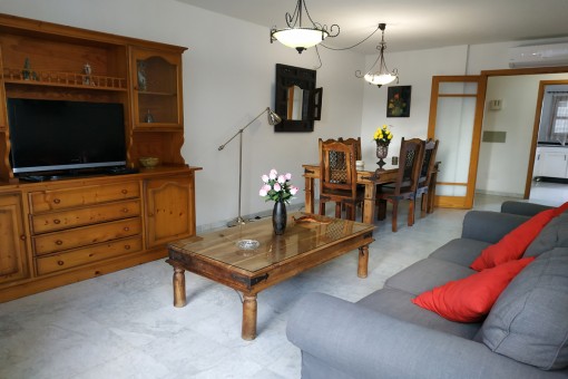 Cosy living area with wooden furniture
