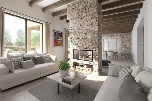 Open living area with fire place