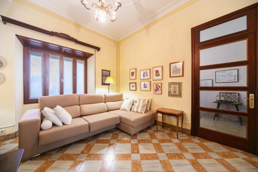 Living area with tiled floor