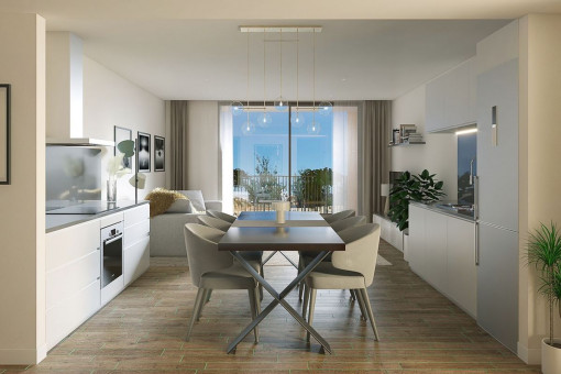 Modern kitchen with dining area 