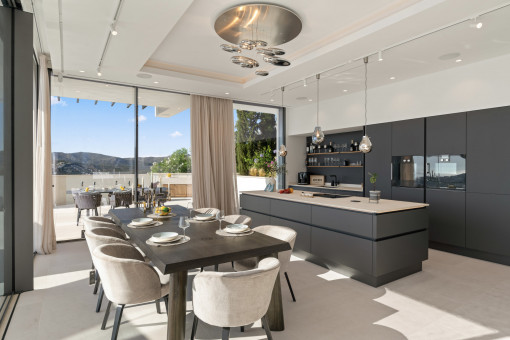 Designer kitchen with stylish dining area