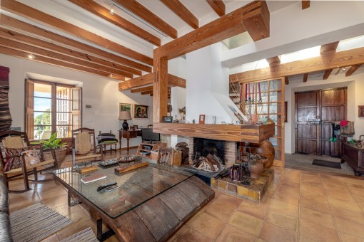 View to the rustic fireplace area