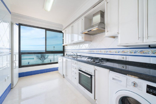 Kitchen with sea views