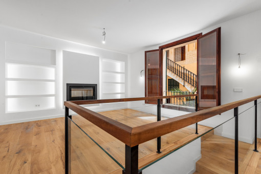 Open dining area with modern fireplace