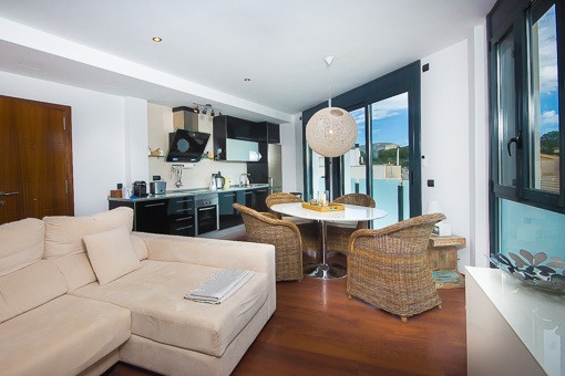 Open living, dining and kitchen area
