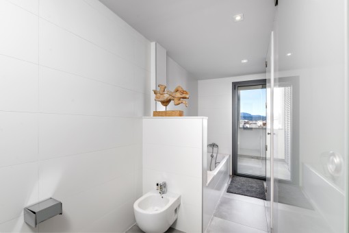 Modern en suite bathroom with terrace access