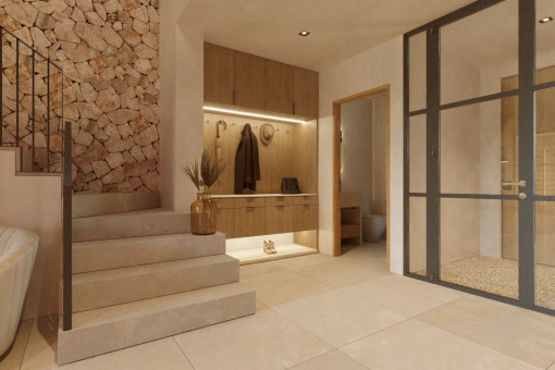 Floor area with natural stone wall
