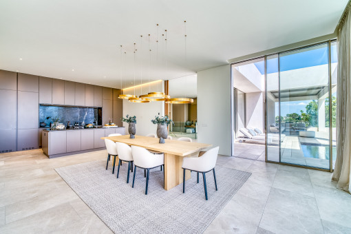 Open-plan dining area with kitchen