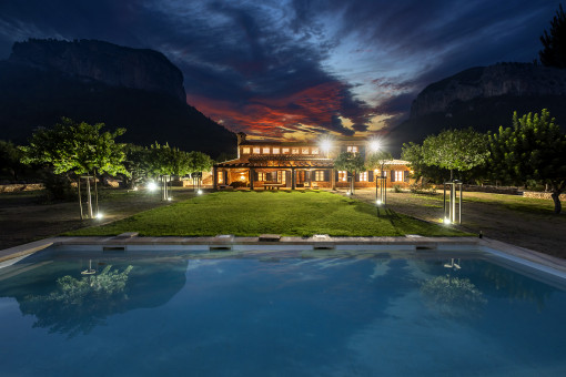 The pool area by night