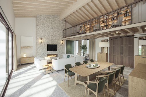 Open living area with fire place