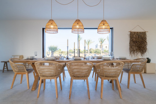 Dining area with large window facade