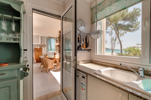 Kitchen with sea views