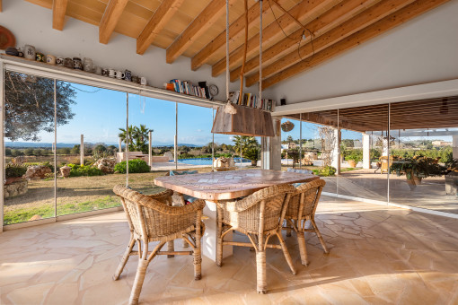 Dining area with fantastic panorama glass sliding window