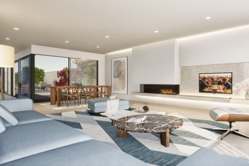 Light flooded living area with fireplace