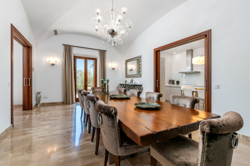 Dining area with high ceilings