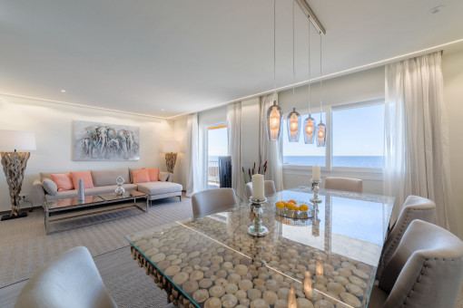 Living and dining area with sea views