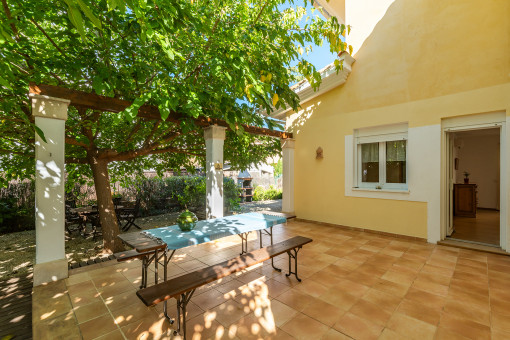 Rear terrace with shade-providing trees