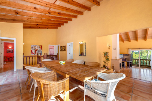 Dining area with high ceilings