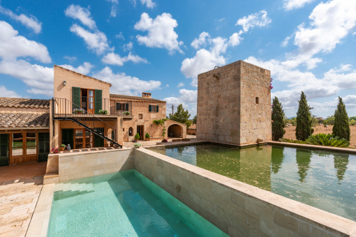 Modern pool with water reservoir behind