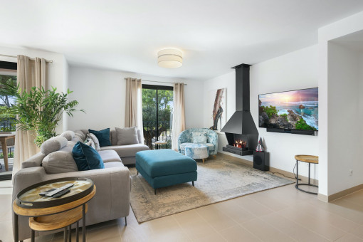 Bright living area with fireplace