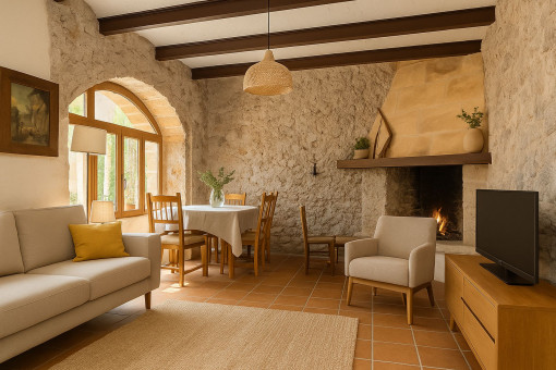 Render – Updated living room concept, illustrating a modern approach while respecting the original structure