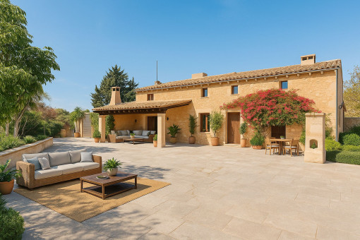 Visualization – Refined front façade of the finca, illustrating how the exterior could look after a subtle, contemporary upgrade