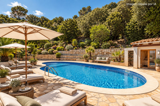 AI-generated image · Virtual styling of the pool area