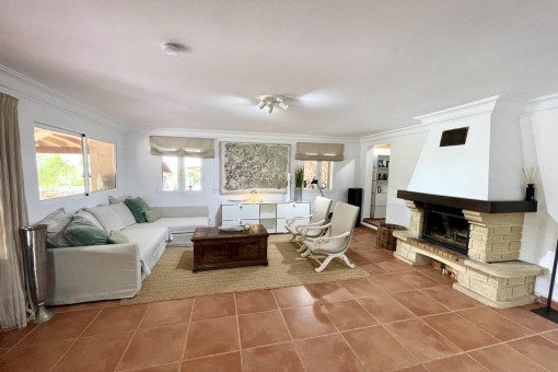 Bright living area with fireplace