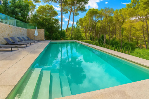 Swimming pool framed by sun terraces