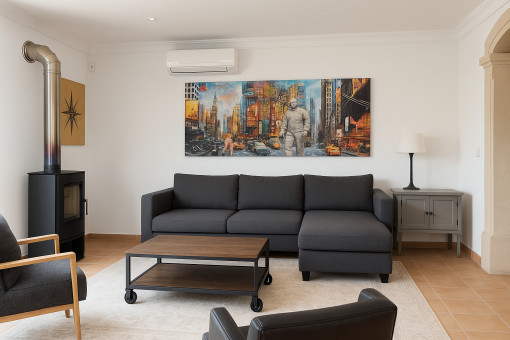Stylish living room with wood-burning stove and air conditioning