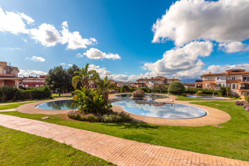 Pool area, grass area and bask