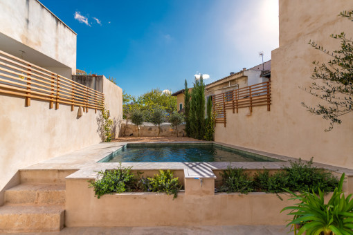 Peaceful Mediterranean patio with private pool and curated planting