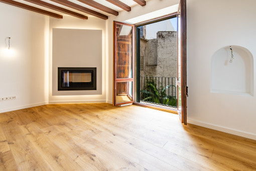 Bright lounge area with fireplace
