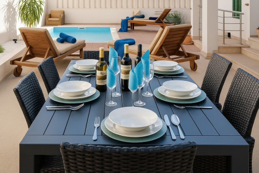 Dining area with views towards the swimmingpool