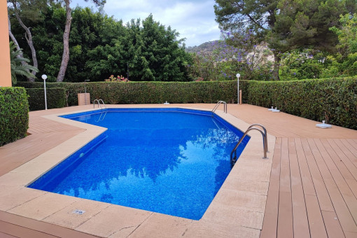 Inviting pool area surrounded by greenery and Mediterranean plants