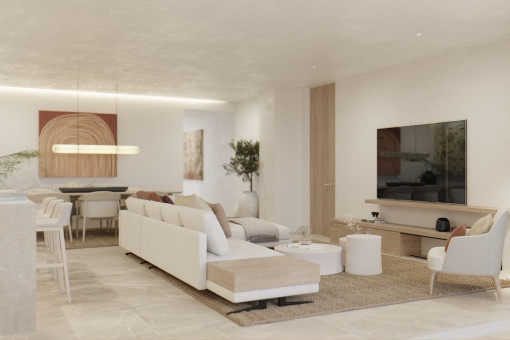Spacious living & dining area with seamless kitchen connection