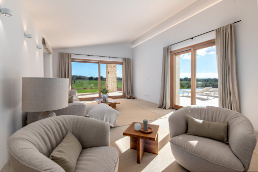 Cozy seating area next to the fireplace