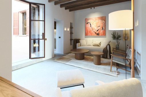 Spacious living area with wooden beams 